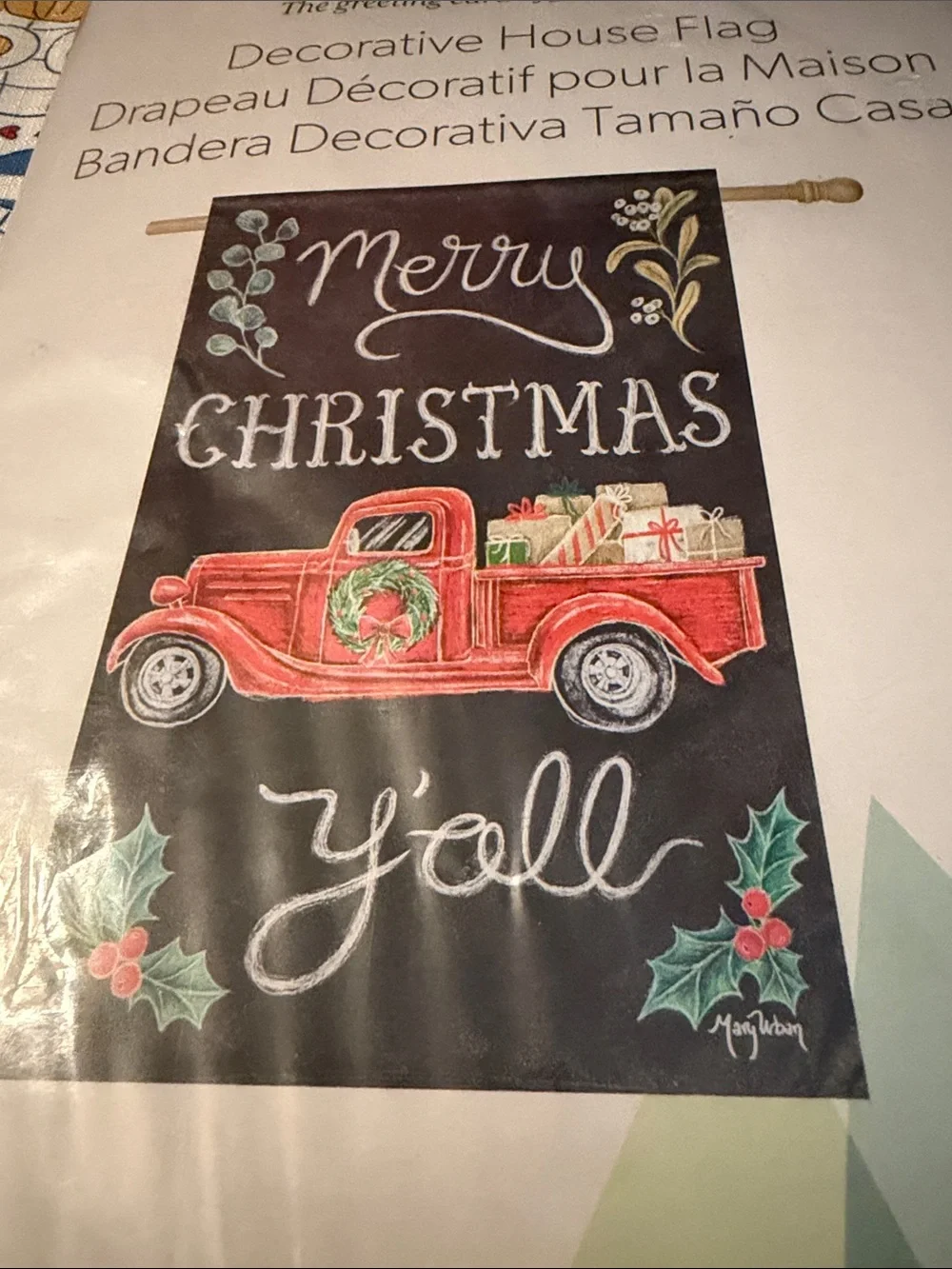 Evergreen Merry Christmas Y'all Decorative House Flag with Red Truck.